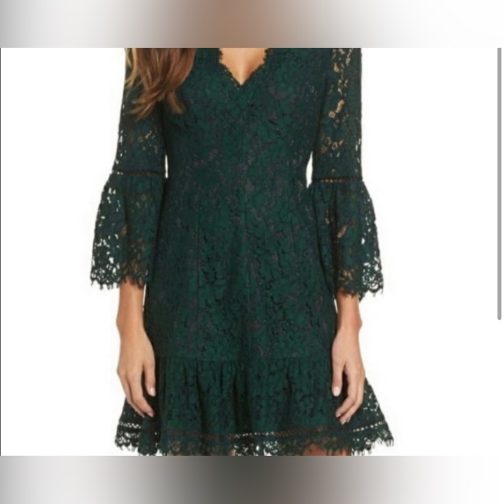 Eliza J Emerald Green Lace Dress with long flare sleeve.